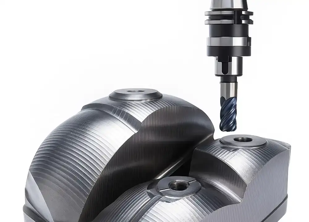 Precise CNC milling of a complex component using an end mill for toolmaking by AWM Arnstadt.