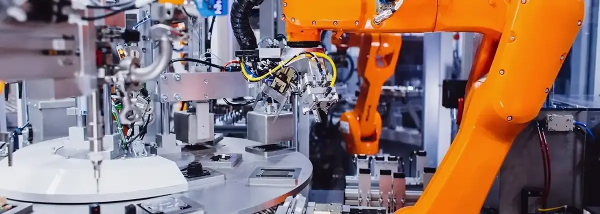 6-axis industrial robot with compact energy supply system and specialized gripper for the automated assembly of LED headlight modules at AWM Arnstadt.