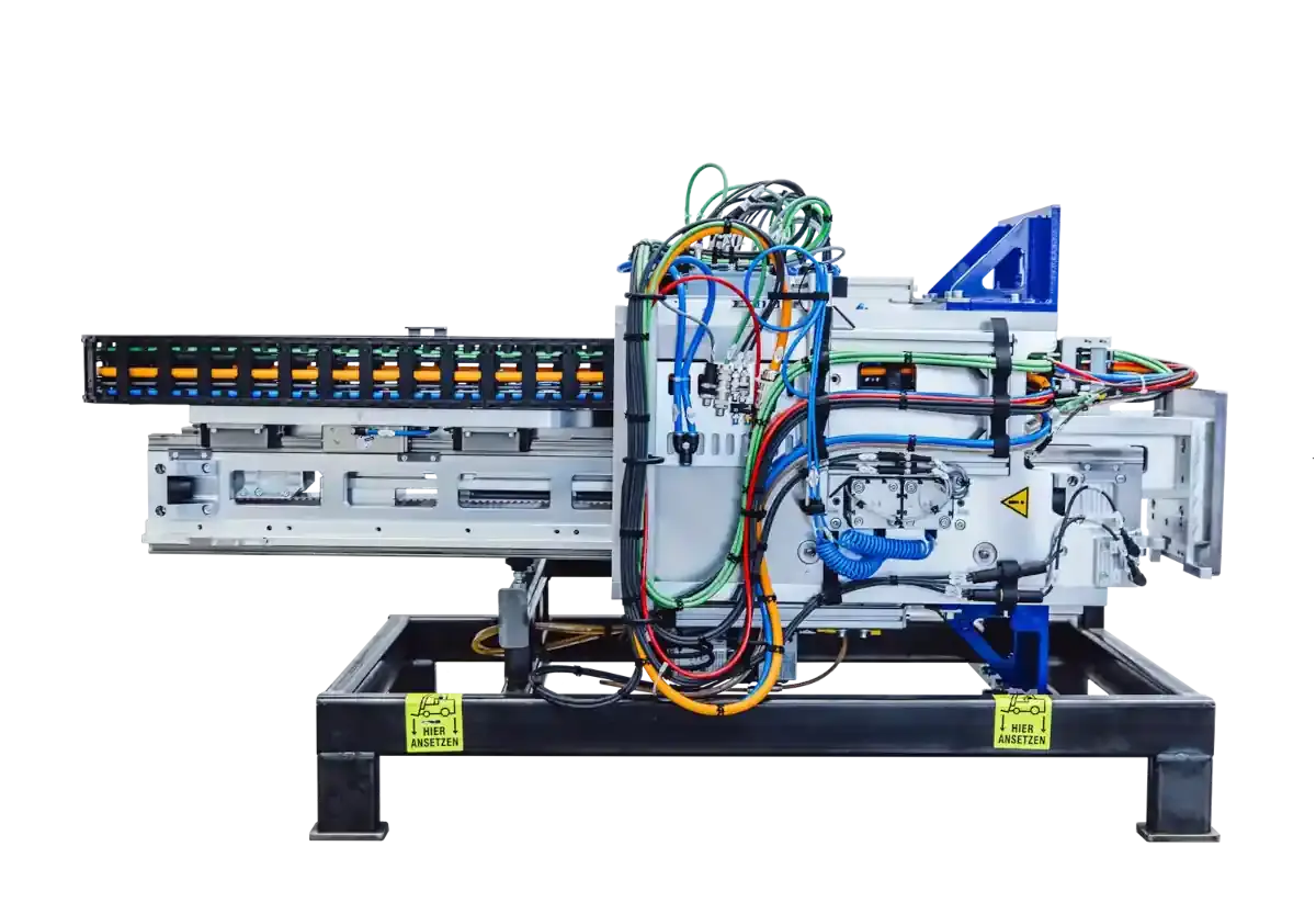 Illustration of a complex telescopic Z-axis with energy chains and pneumatic cabling on a transport frame for use in custom machine building and automated production systems at AWM Arnstadt.