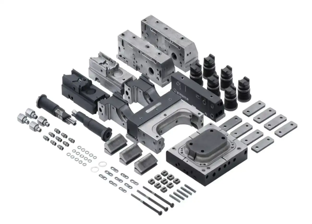 Overview of all precision individual parts of an AWM tool including slides, guides, and fasteners.