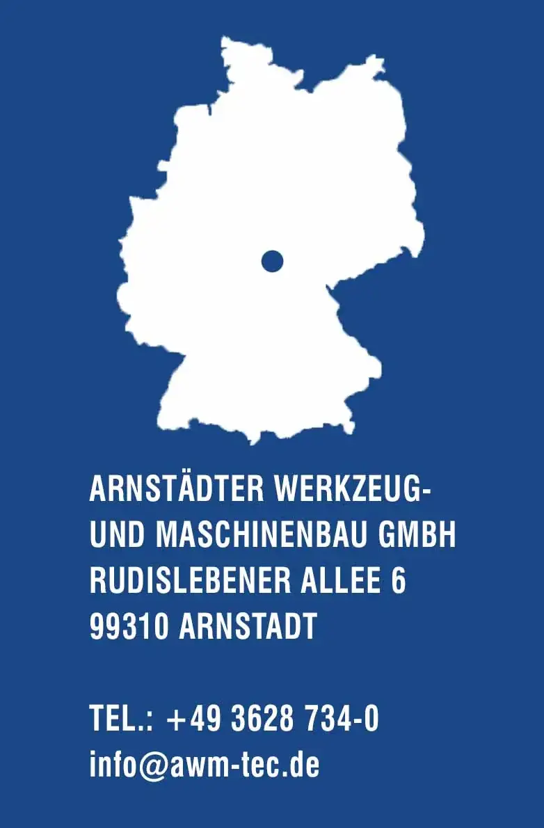 Blue graphic showing a map of Germany with a location pin in Thuringia and contact details for Arnstädter Werkzeug- und Maschinenbau GmbH