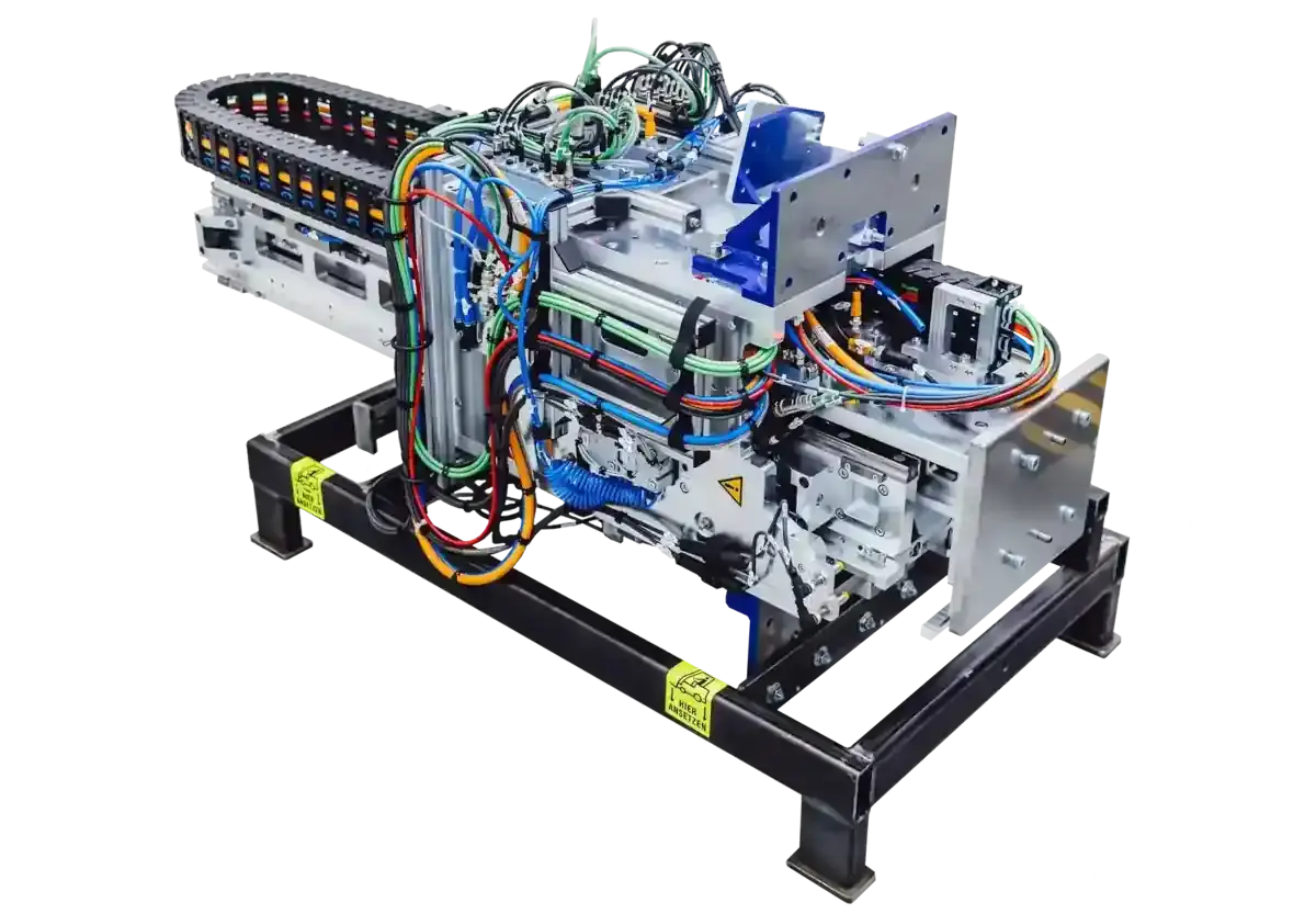 Compact telescopic Z-axis by AWM Arnstadt featuring a cable carrier system, sensors, and integrated pneumatic and electrical wiring on an adjustable frame.