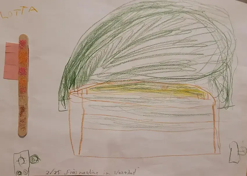 Colorful children's drawing of a milling machine by Lotta from a daycare cooperation project of Arnstädter Werkzeug- und Maschinenbau GmbH.