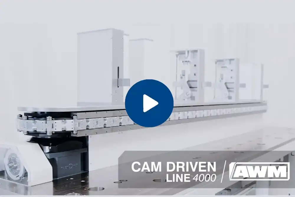 Video thumbnail: Cam Driven Line 4000 by AWM – View of the cam-driven transfer line with play button overlay.