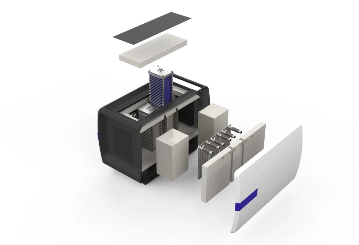 Exploded view of a fuel cell system as an application example for automated assembly and testing lines by AWM Arnstadt.