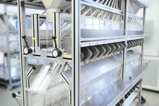 Automated singulation station by AWM Arnstadt featuring multi-tier magazine chutes, slides, and manual adjustment wheels for organized component separation.