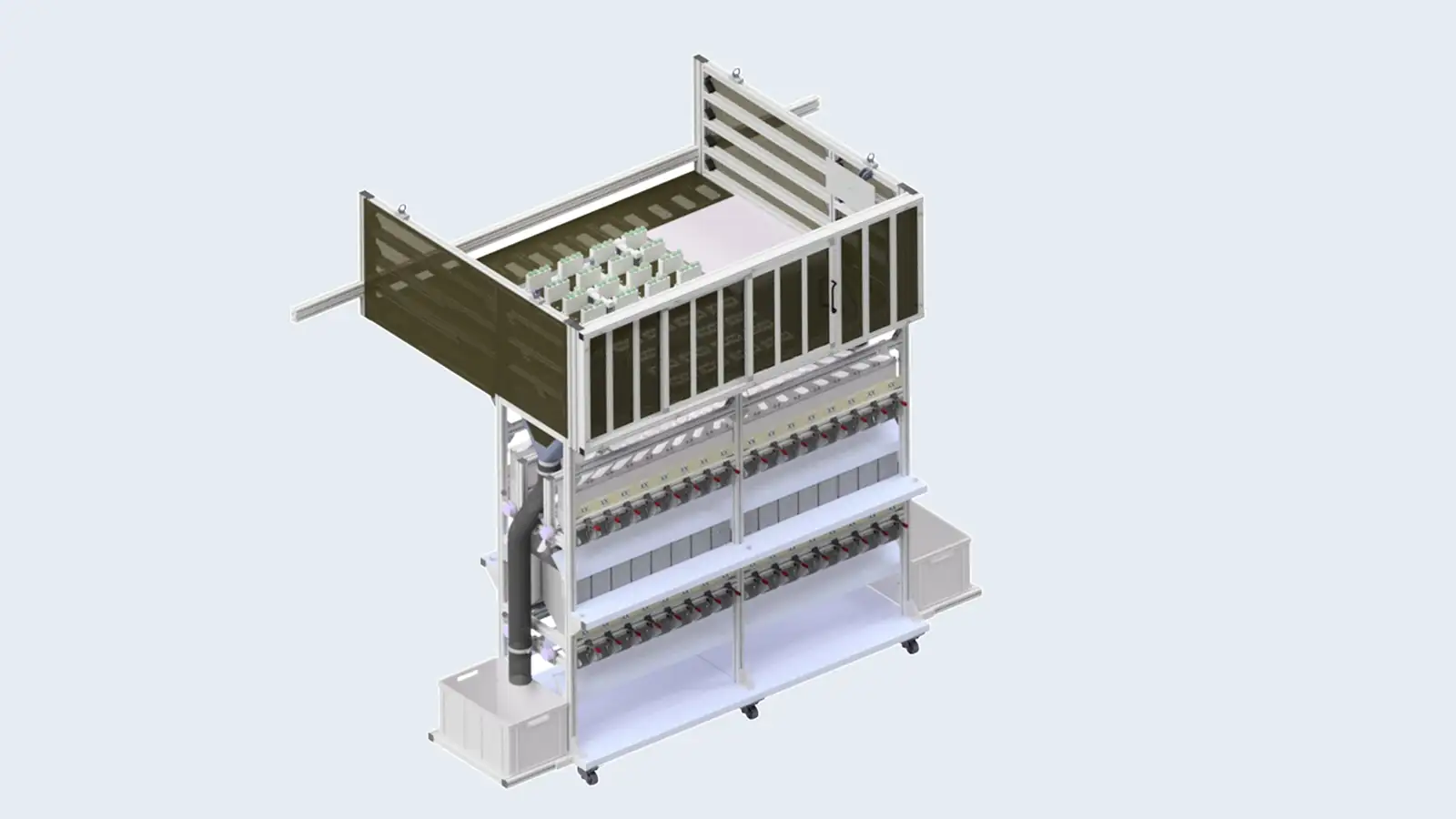 Three-dimensional CAD rendering of a multi-tier industrial separation station with a working platform and safety enclosure on a light gray background.