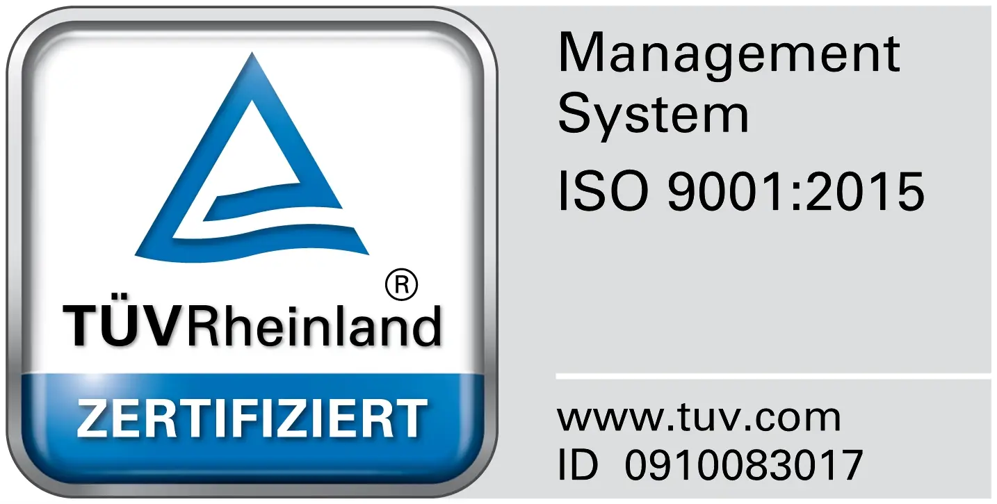 TÜV Rheinland Zertifizierungszeichen für das Qualitätsmanagementsystem nach ISO 9001:2015 der Arnstädter Werkzeug- und Maschinenbau GmbH