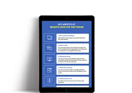 Digital tablet displaying an infographic on key aspects of remote desktop software, representing AWM remote support and digital services.